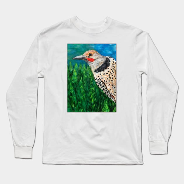 Northern Flicker Bird Drawing Long Sleeve T-Shirt by jenesaiscluck